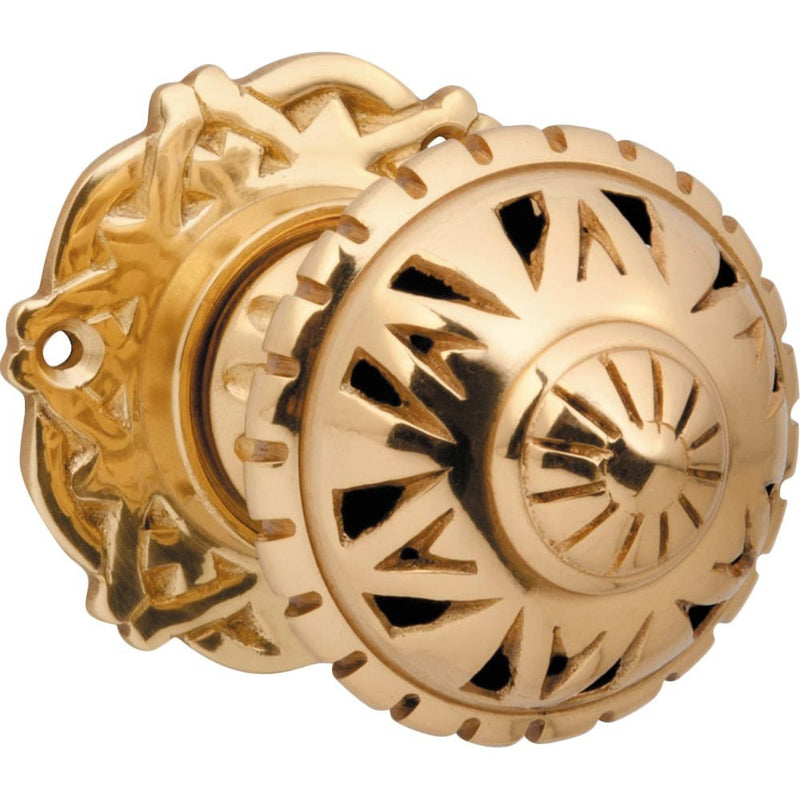 Door Knob Filigree Round Rose Pair Polished Brass