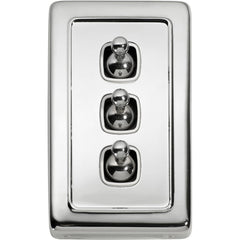 Switch Flat Plate Toggle 3 Gang White Chrome Plated