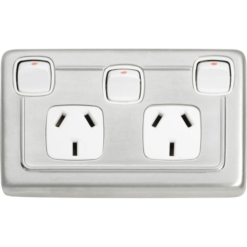 Socket Flat Plate Rocker Double With Switch White Satin Chrome