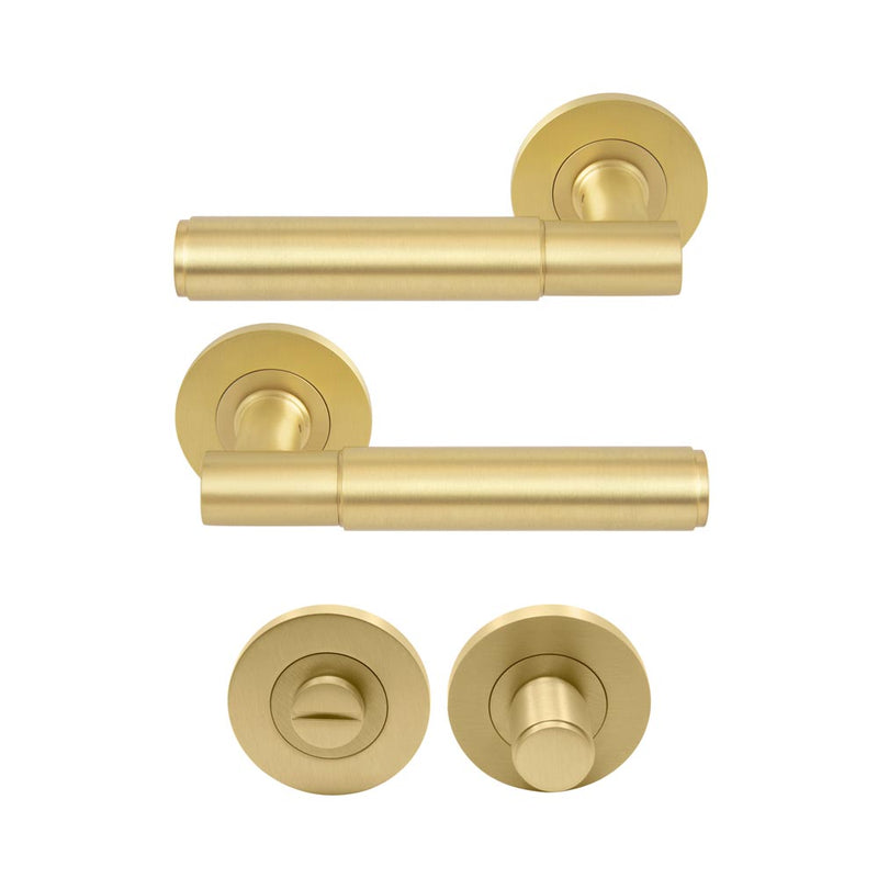 Verge Plain Lever Round Rose Privacy Set Matt Satin Brass