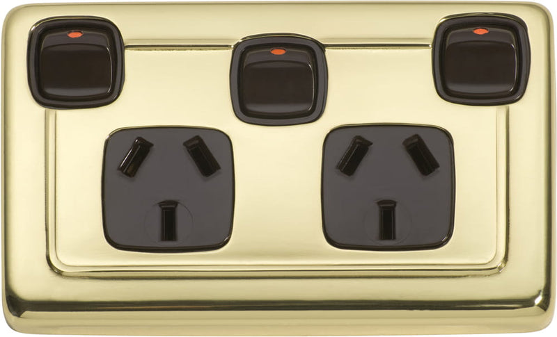 Socket Flat Plate Rocker Double With Switch Brown Polished Brass