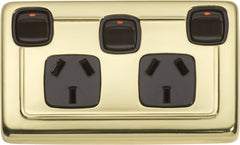 Socket Flat Plate Rocker Double With Switch Brown Polished Brass
