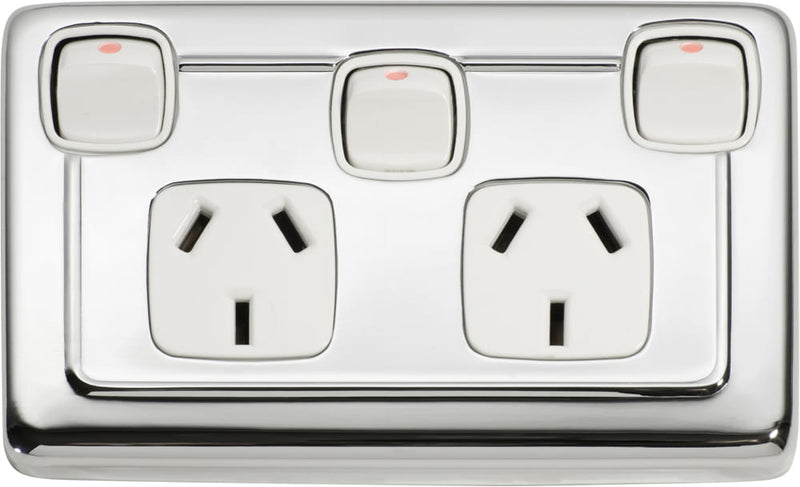 Socket Flat Plate Rocker Double With Switch White Chrome Plated