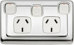 Socket Flat Plate Rocker Double With Switch White Chrome Plated