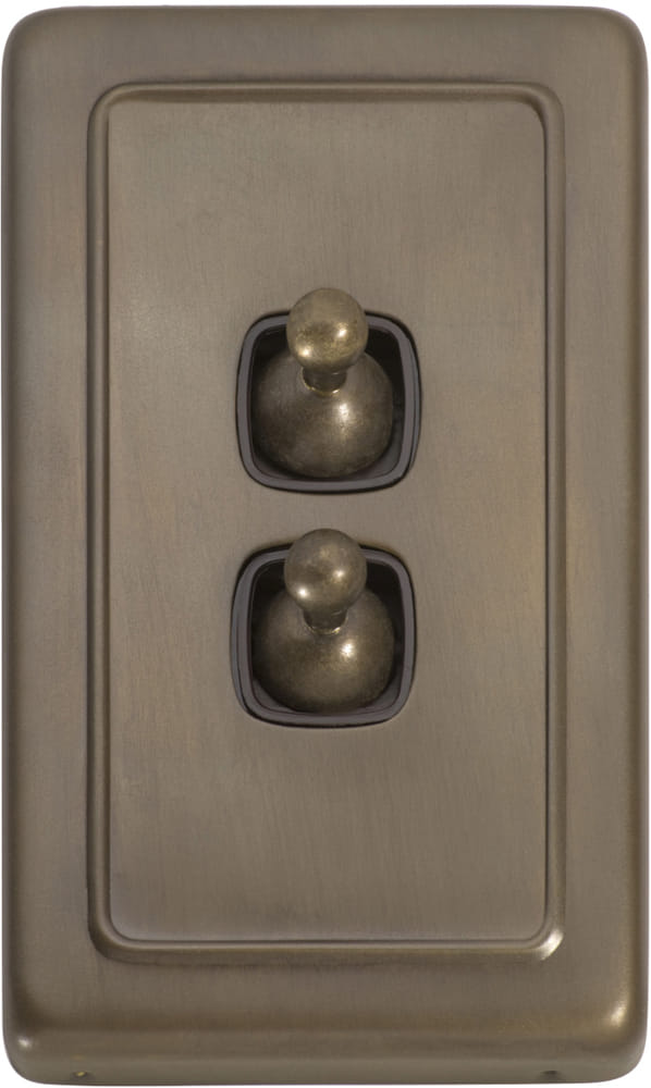 Switch Flat Plate Toggle 2 Gang Brown Antique Brass