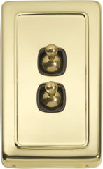 Switch Flat Plate Toggle 2 Gang Brown Polished Brass