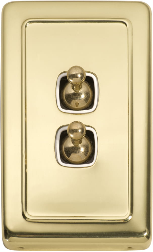 Switch Flat Plate Toggle 2 Gang White Polished Brass