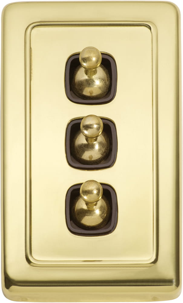 Switch Flat Plate Toggle 3 Gang Brown Polished Brass