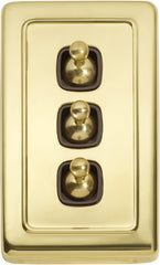 Switch Flat Plate Toggle 3 Gang Brown Polished Brass