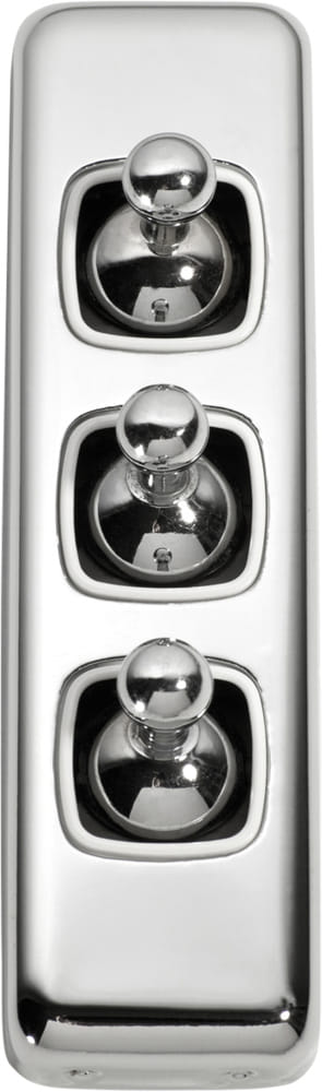 Switch Flat Plate Toggle 3 Gang White Chrome Plated