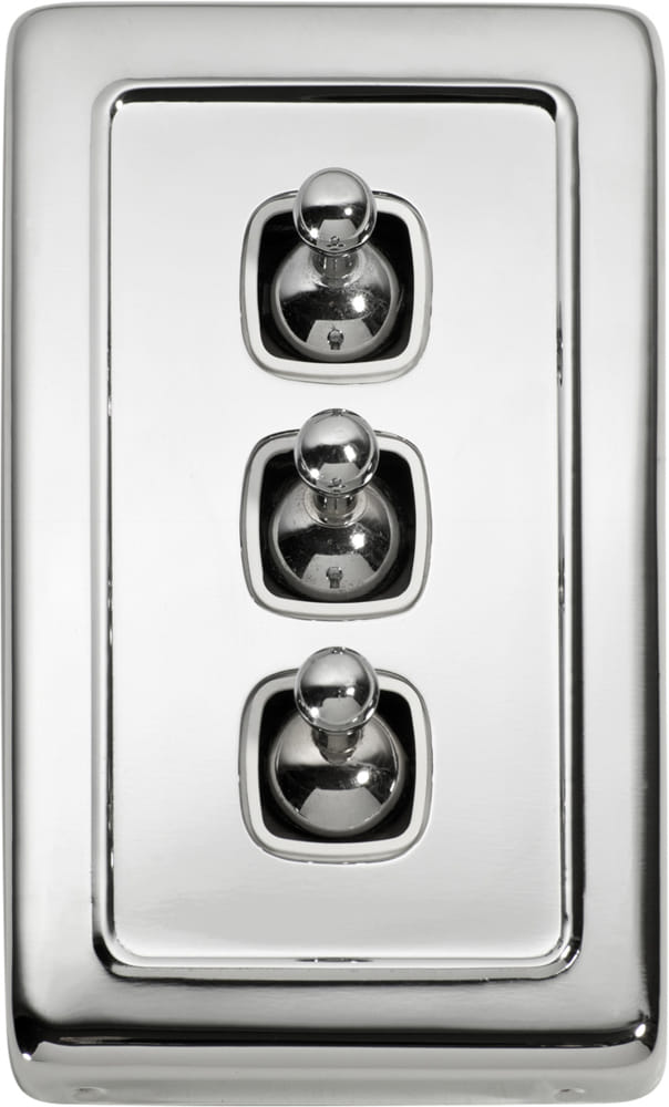 Switch Flat Plate Toggle 3 Gang White Chrome Plated