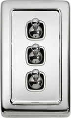 Switch Flat Plate Toggle 3 Gang White Chrome Plated