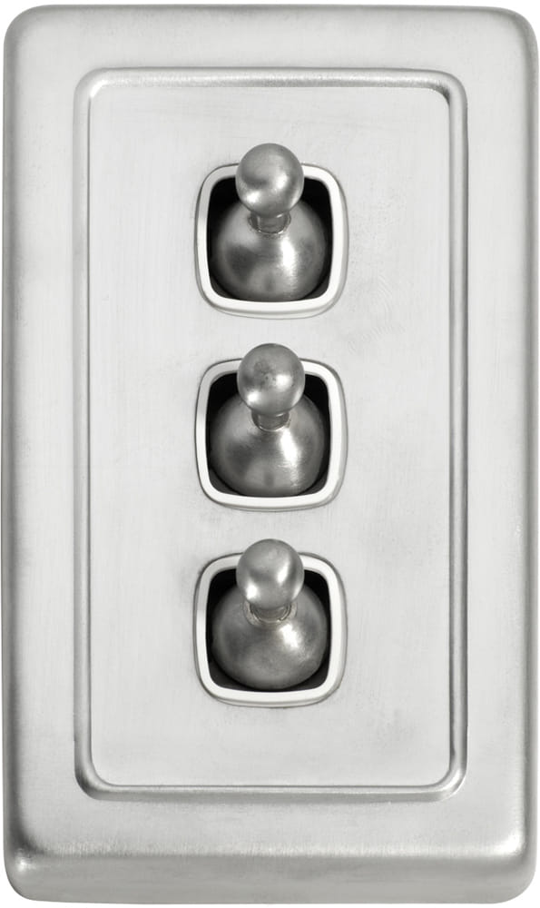 Switch Flat Plate Toggle 3 Gang White Satin Chrome