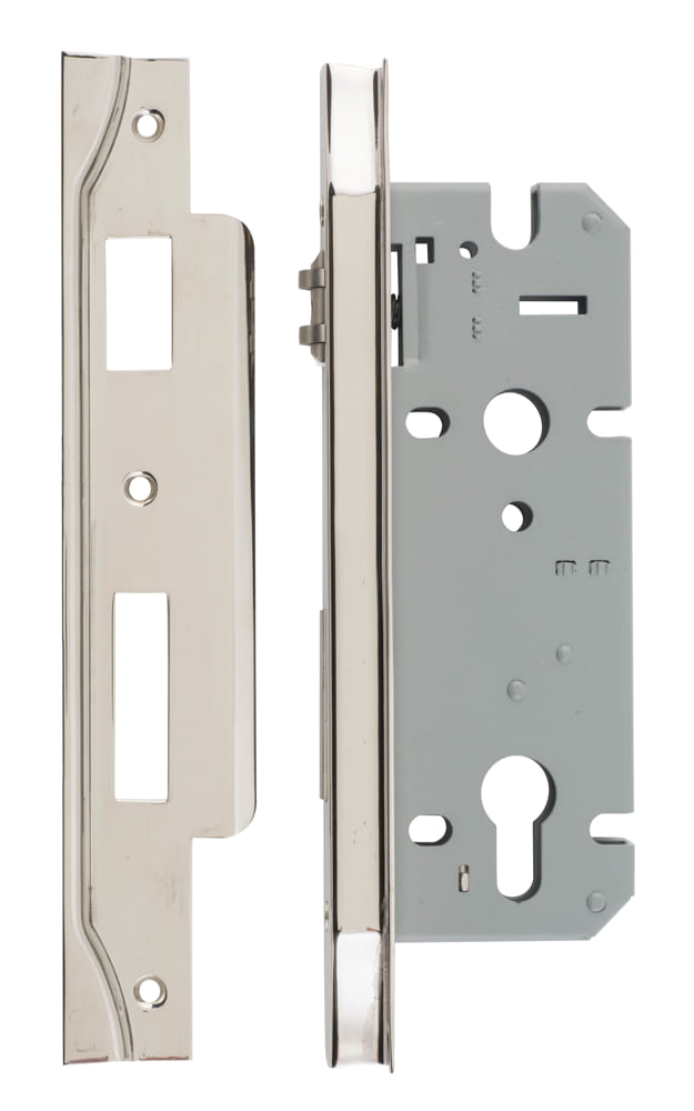 Mortice Lock Roller Euro Rebated Polished Nickel CTC85mm Backset 45mm