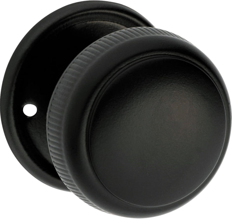 Door Knob Milled Edge Round Rose Pair Matt Black 52mm