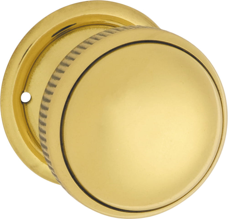 Door Knob Milled Edge Round Rose Pair Unlacquered Polished Brass 45mm