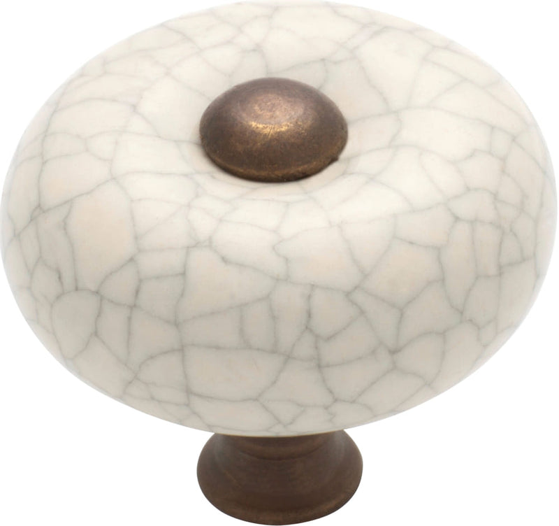 Cupboard Knob Crazed Ivory Porcelain Round Antique Brass 32mm