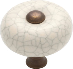 Cupboard Knob Crazed Ivory Porcelain Round Antique Brass 32mm