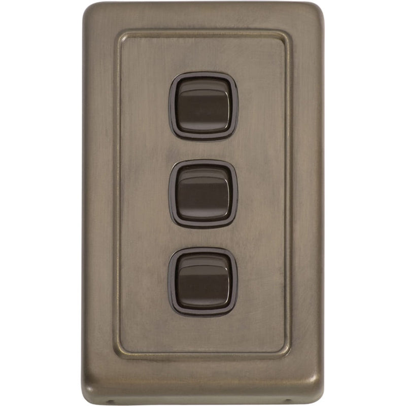 Switch Flat Plate Rocker 3 Gang Brown Antique Brass