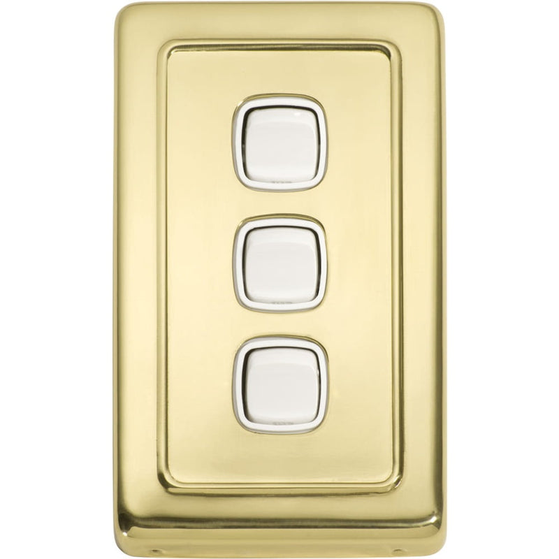 Switch Flat Plate Rocker 3 Gang White Polished Brass