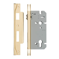 Mortice Lock Roller Euro Rebated Polished Brass CTC85mm Backset 60mm