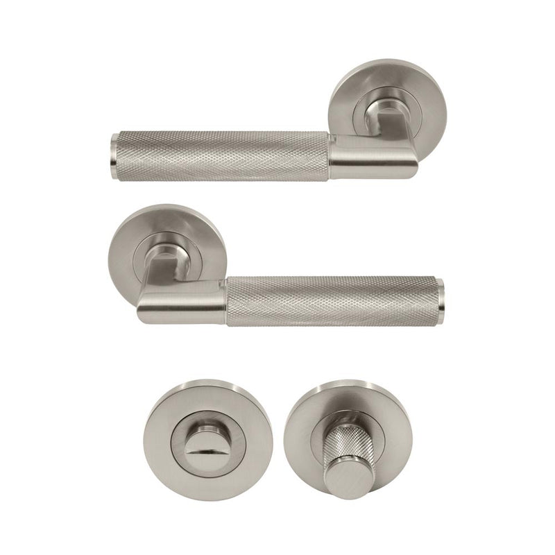 Lumina Diamond Knurled Lever Round Rose Privacy Set Brushed Nickel
