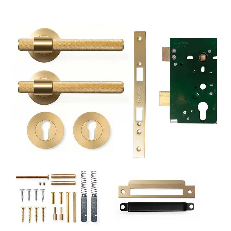 Momo Belgravia Knurled Lever Mortice Entrance Set - Brushed Satin Br
