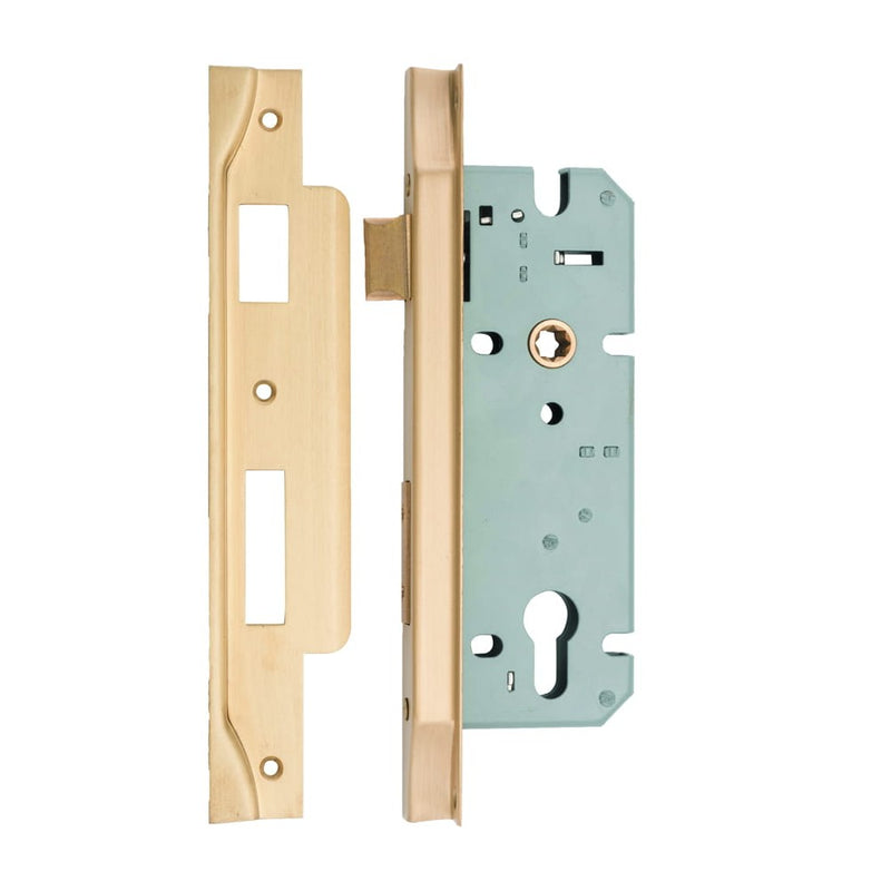 Mortice Lock Euro Rebated Brushed Brass CTC85mm Backset 45mm