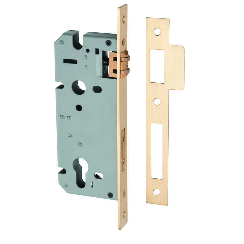 Mortice Lock Roller Euro Brushed Brass CTC85mm Backset 45mm