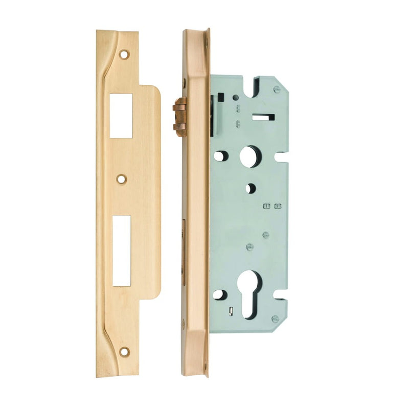 Mortice Lock Roller Euro Rebated Brushed Brass CTC85mm Backset 45mm