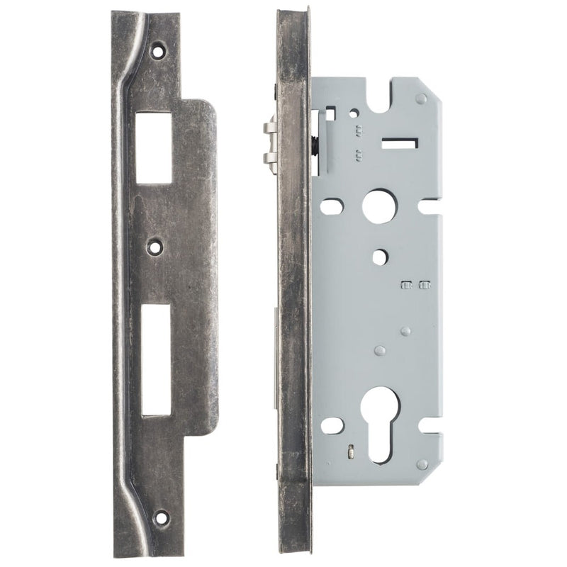 Mortice Lock Roller Euro Rebated Distressed Nickel CTC85mm Backset 45mm