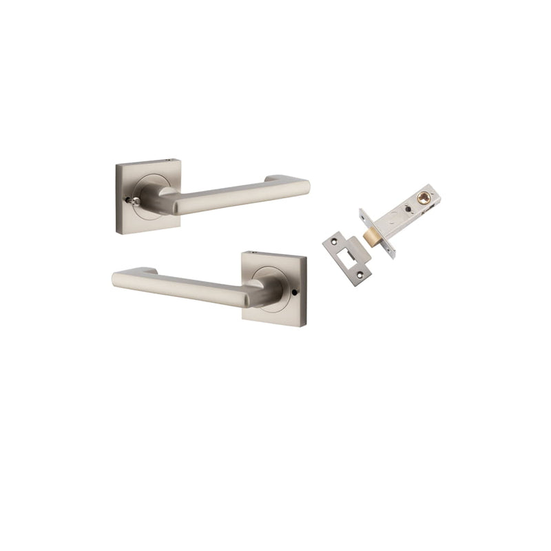 Door Lever Baltimore Return Square Rose Inbuilt Privacy kit Satin Nickel