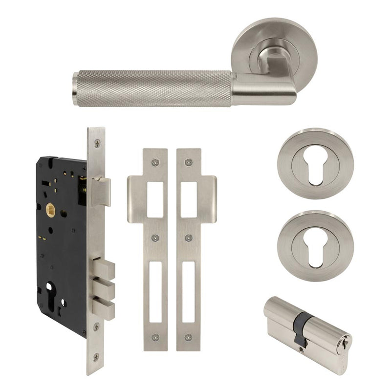 Lumina Diamond Knurled Lever Round Rose Entrance Set CTC85 K/K Brushed Nickel