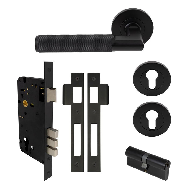 Lumina Diamond Knurled Lever Round Rose Entrance Set CTC85 K/K Matt Black
