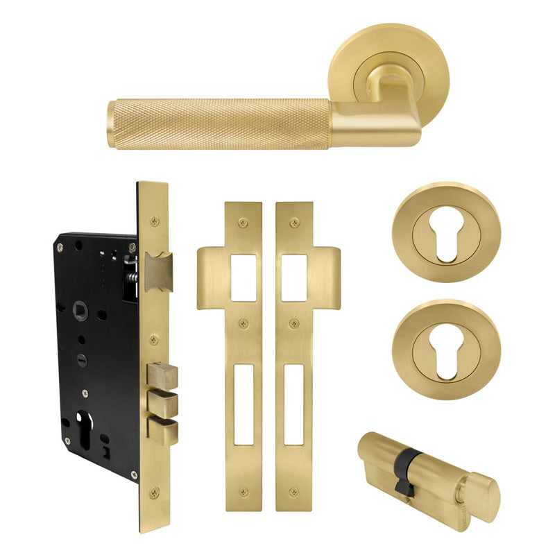 Lumina Diamond Knurled Lever Round Rose Entrance Set CTC85 K/T Matt Satin Brass