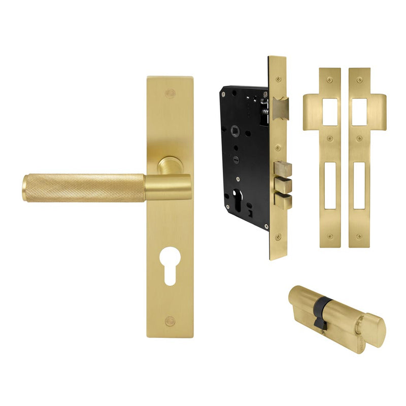Verge Diamond Knurled Lever Longplate Entrance Set CTC85 K/T Matt Satin Brass
