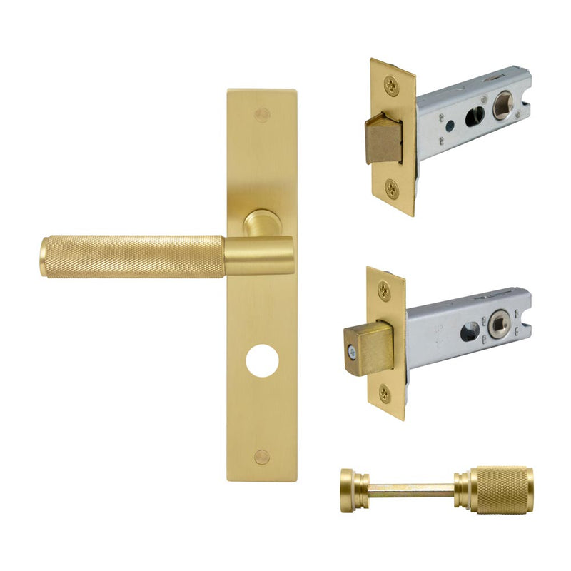Verge Diamond Knurled Lever Longplate Privacy Set Matt Satin Brass