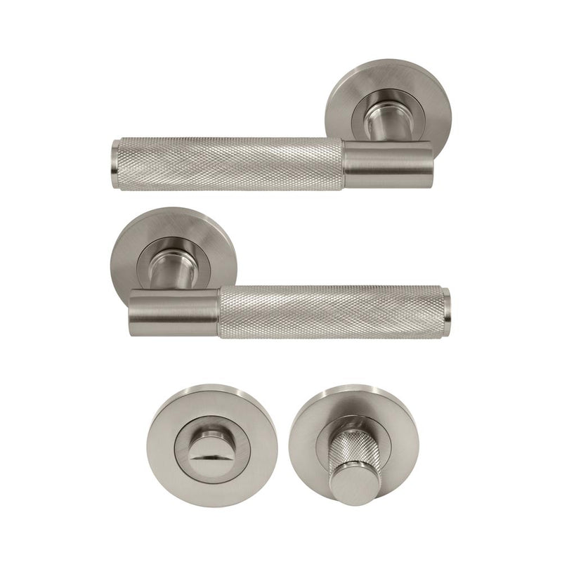 Verge Diamond Knurled Lever Round Rose Privacy Set Brushed Nickel