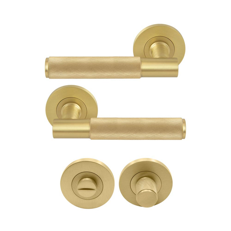 Verge Diamond Knurled Lever Round Rose Privacy Set Matt Satin Brass