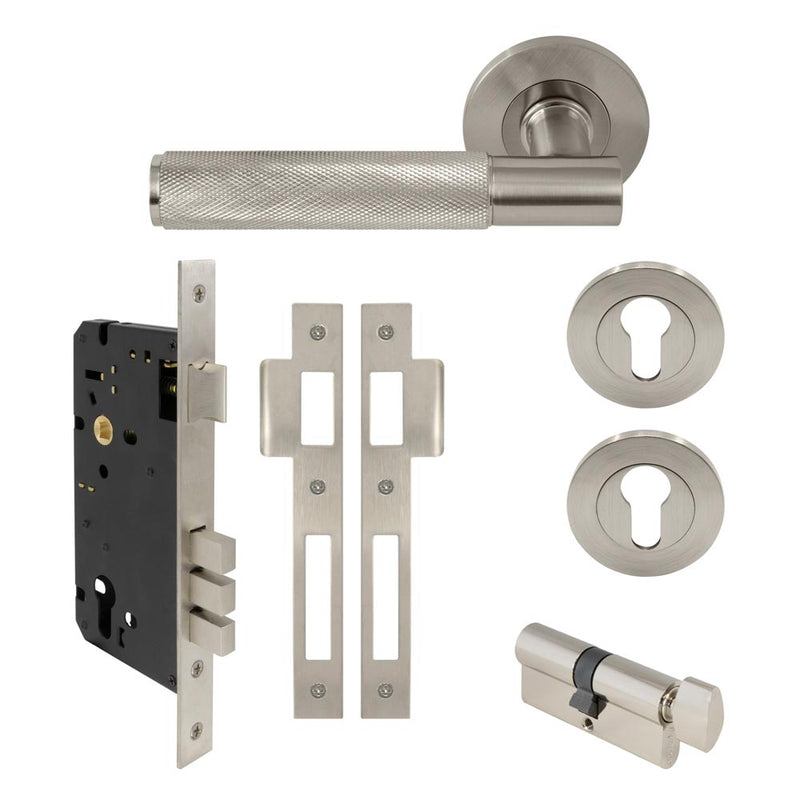 Verge Diamond Knurled Lever Round Rose Entrance Set CTC85 K/T Brushed Nickel