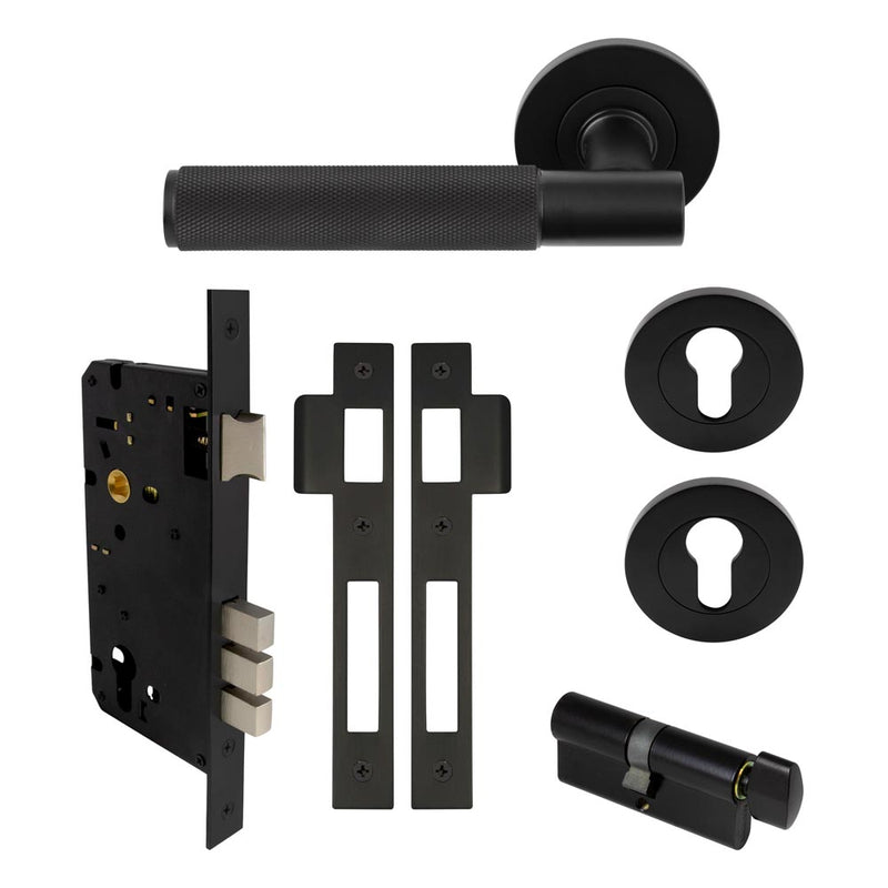 Verge Diamond Knurled Lever Round Rose Entrance Set CTC85 K/T Matt Black