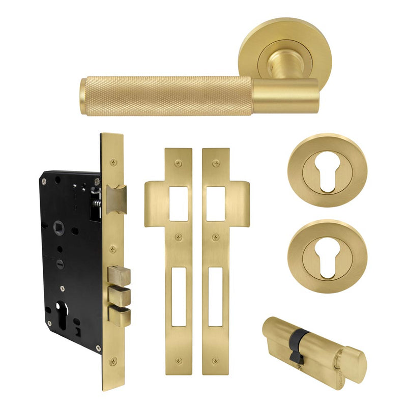 Verge Diamond Knurled Lever Round Rose Entrance Set CTC85 K/T Matt Satin Brass