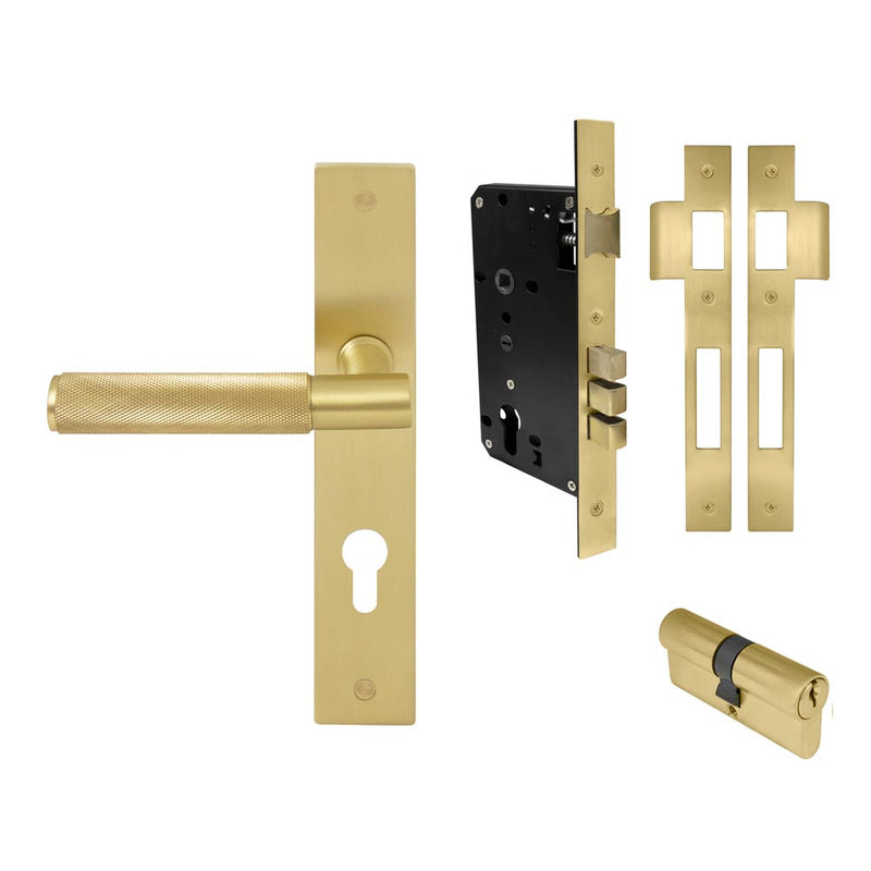 Verge Diamond Knurled Lever Longplate Entrance Set CTC85 K/K Matt Satin Brass