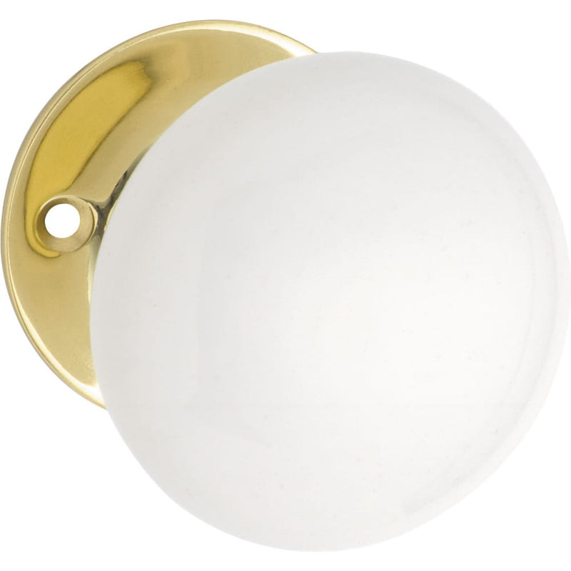 Door Knob White Porcelain Round Rose Pair Polished Brass