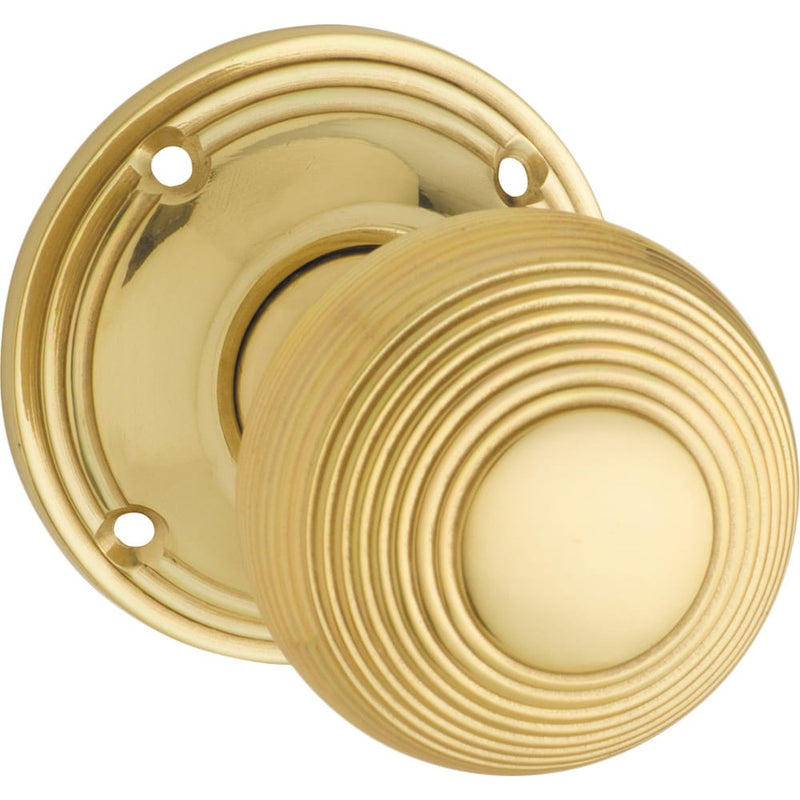 Door Knob Reeded Mortice Pair Polished Brass