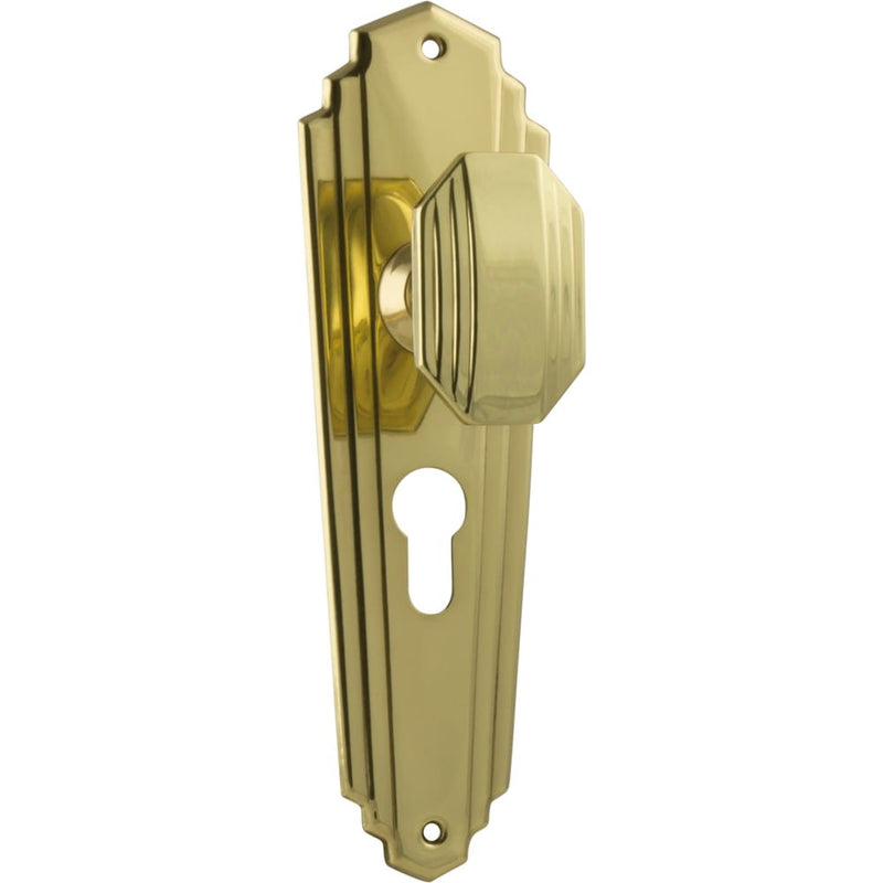 Door Knob Elwood Art Deco Euro Pair Polished Brass