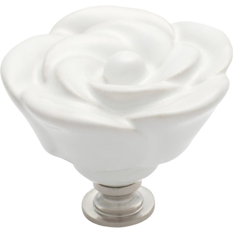 Cupboard Knob White Porcelain Flower Chrome Plated 50mm