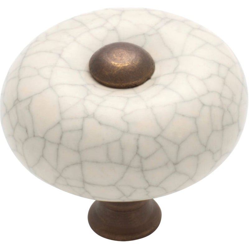 Cupboard Knob Crazed Ivory Porcelain Round Antique Brass 32mm