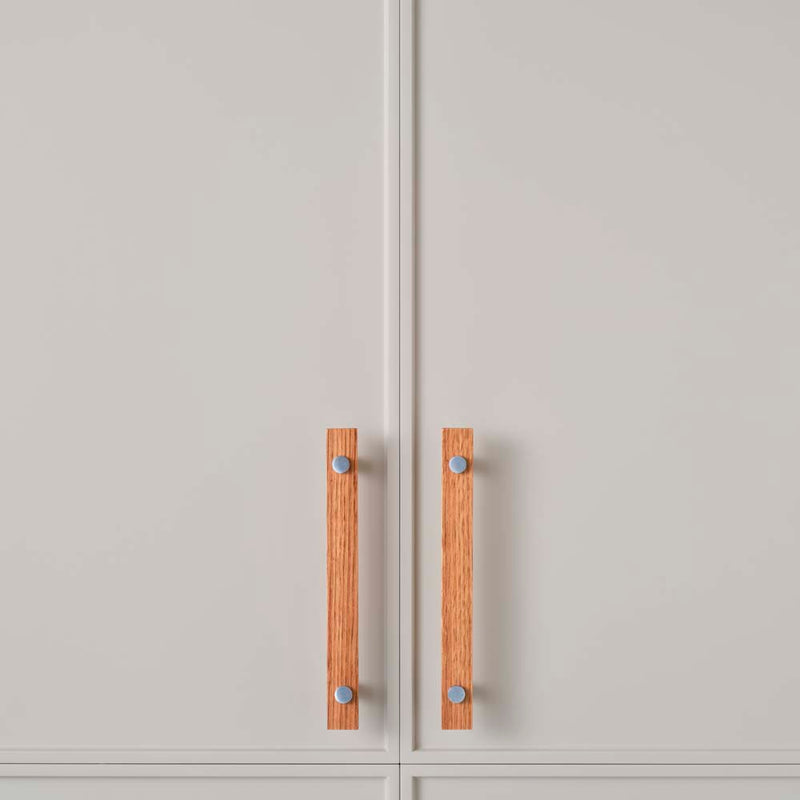 Lenah 160mm Cabinet Handle Tasmanian Oak Face Caps Satin Chrome