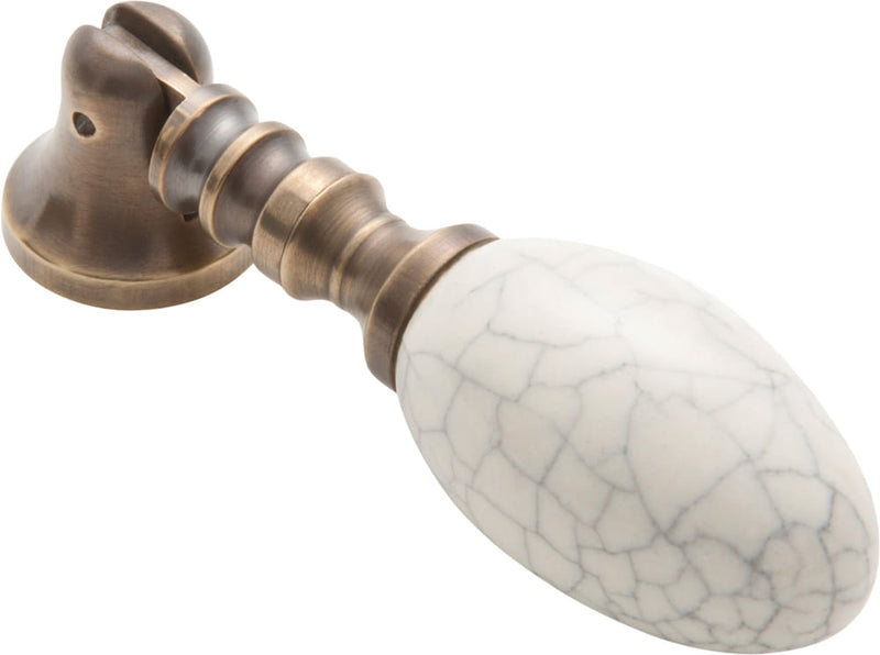 Cabinet Pull Handle Crazed Ivory Porcelain Teardrop Antique Brass